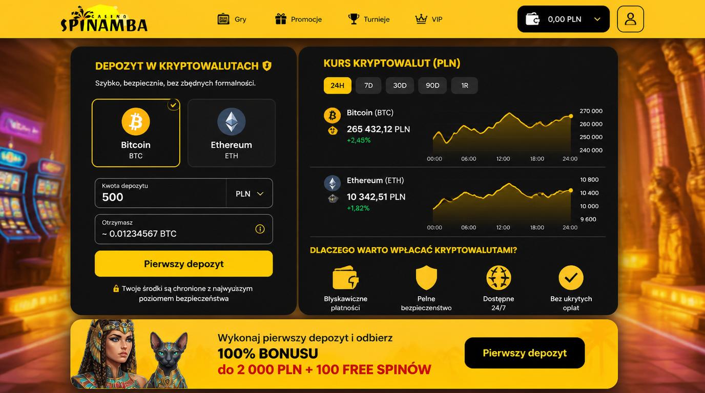 Interfejs kasyna z opcją depozytu w krypto i PLN, kurs kryptowaluty, przycisk „Pierwszy depozyt”.