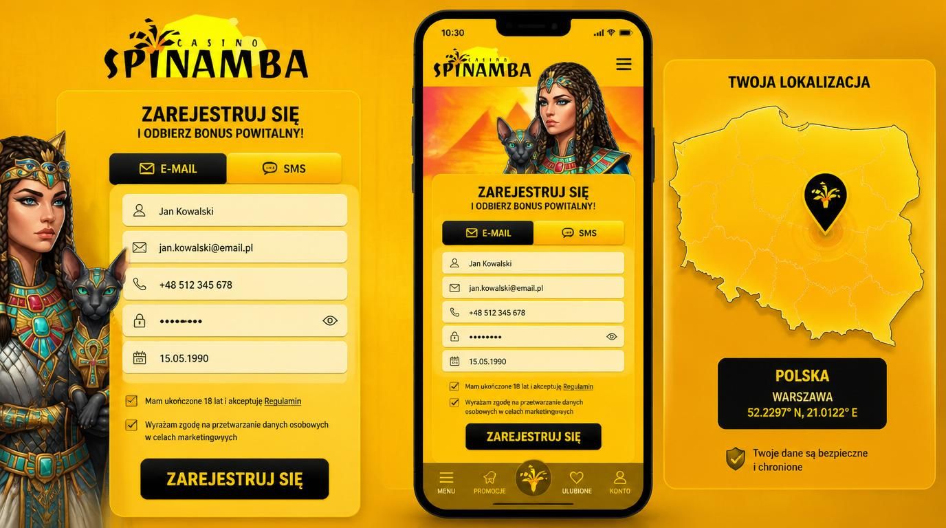 Formularz rejestracyjny spinamba z opcją email lub telefonu, mapa polski w tle