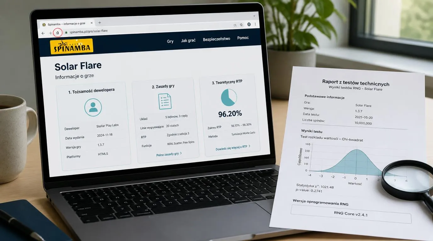 Panel informacji o grze z parametrem RTP, nazwą producenta i dokumentem testów RNG obok laptopa