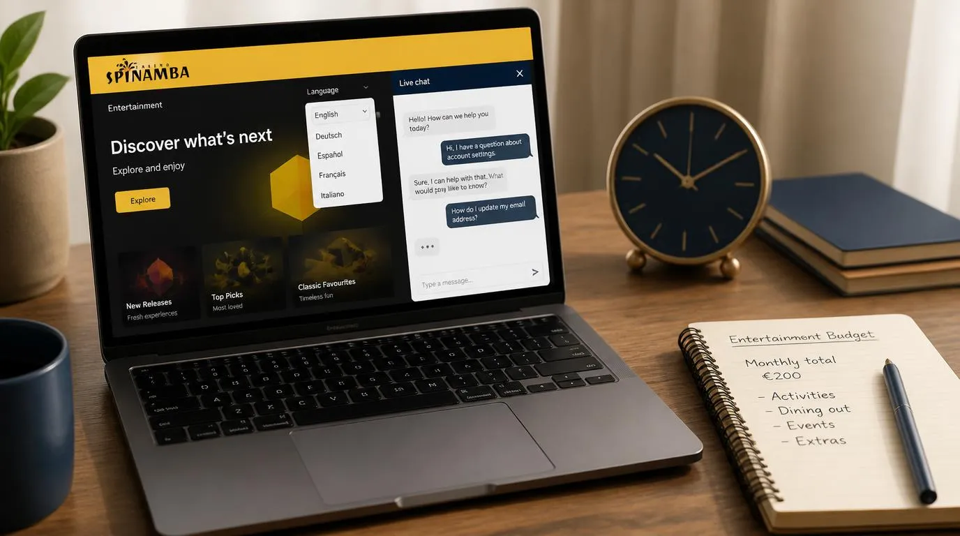 Laptop z wyborem języka i oknem czatu obok zegara oraz notesu z budżetem rozrywkowym
