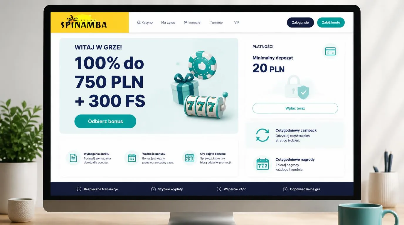 Panel bonusu powitalnego 100% do 750 PLN i 300 FS z informacją o minimalnym depozycie 20 PLN